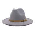 Detail of grey wool felt fedora featuring a brown leather decorative band and gold buckle - M(56-58cm) / Light Grey + Light Khaki Belt