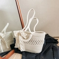 Beige straw woven tote bag with lace bow decoration and pearl button closure detail - Large Hollow Beige with Silk Scarf