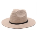 Detail of light beige straw fedora with fine texture and black leather band with silver buckle - M (56-58cm) / Pink