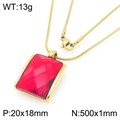 Gold stainless steel snake chain necklace featuring a ruby red rectangular faceted pendant - Gold 20*18mm Red (KN292785-GC)