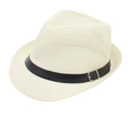 Close-up of cream hollow-woven Panama hat featuring a black belt with silver buckle detail - One Size / Beige