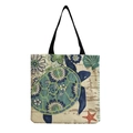 Minimalist canvas tote bag with sea turtle print and vintage wood pattern background - Blue-green Sea Turtle and Starfish Pattern (hm4547b)