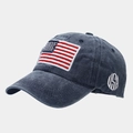 Detail of USA embroidery and American flag patch on washed denim baseball cap - Navy Blue