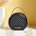 Borsa rotonda in pelle nera con motivi circolari grigi e catena dorata - Nero
