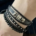Bracciale multistrato in finta pelle nera da uomo con cordini e tubi in metallo - Stile Borchia Tubo di Metallo Nero Argento (015073430)