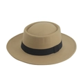 Classic khaki flat top jazz fedora hat with black decorative ribbon for women - 58cm / Khaki - Ribbon