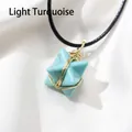 Handcrafted gold wire-wrapped light turquoise star pendant necklace with black cord - Light Turquoise