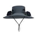 Dark grey sun hat with wide brim featuring integrated dual solar powered fans - Gray