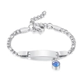 Silver stainless steel Figaro bracelet with engravable bar and blue birthstone charm - March-Steel-16cm