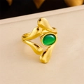 Vintage gold ring featuring an oval green turquoise gemstone in a leaf-shaped design - Streamlined Leaf Green Gem Style (R523) / Adjustable Open