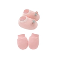 Pink newborn baby knit cotton set with bow-knot booties and matching soft mittens - Pink Bear - Mittens & Booties Set
