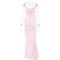 Pink satin slip maxi dress with back cross straps and fishtail hem on white background - M / Pink