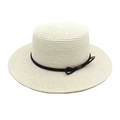 White wide-brim straw sun hat with black woven band and metallic accents for summer - M (56-58cm) / Cream