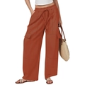 Women's caramel cotton linen cargo pants with drawstring waist and wide leg cut - S / Orange Red