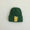 Dark green knitted baby winter hat with a yellow bear patch and cuffed design - 44-48cm(8M-2Y) / Green Animal Collection
