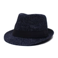 Men's navy blue textured fedora hat with black ribbon band for summer travel fashion - Adjustable / Navy Blue