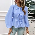 Blue plaid puff sleeve top with bow ties and ruffle hem detail for women - S / Blue