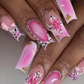 Pink gradient coffin fake nails with leopard print, 3D floral accents and gold beads - K080【24pcs】 / Boxed (jelly Gel + Granules)