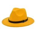Detail of yellow wool fedora hat with a black leather band and metal ring buckle - M (56-58cm) / Yellow