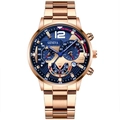 Men's quartz watch with gold mesh strap, blue dial featuring chronograph and date window - Rose Gold Blue Steel Strap