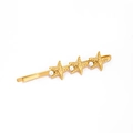 Golden starfish hair clip with three textured stars and two round white pearls on white background - F730G-Gold Triple Starfish Pearl Bobby Pin