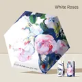 Folding sun umbrella with artistic white rose oil painting print and matching cover - 14CM 6-Fold Flat Umbrella / White Rose Pendant
