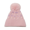 Close-up of pink knit beanie featuring fluffy pom-pom and purple dot patterns - M (56-58cm) / Pink
