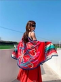 Red ethnic print sun protection shawl with navy trim for beach and travel - Red Ethnic Print (Ethnic Style-15)