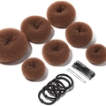 Brown hair bun maker set with sponge donuts, black elastics and U-shaped hair pins - 32-Piece Light Coffee Set / Light Coffee