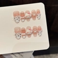 Pink gradient press-on nails with 3D 3D ribbon, cat paw, and cloud art on white display card - Extra Small (XS) / Short Oval