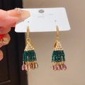 Close-up of ethnic hollow earrings with green crystal tassels and S925 silver hooks - 29# Ear Hook - Gold Green Aurora Waterdrop Tassel Earrings
