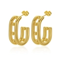 Golden double-layer geometric oval C-shape earrings with small bead accents - Oval Clamped Beads Gold (MS-740)