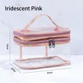 Double-layer transparent PVC cosmetic bag with holographic pink trim and handles - 22x15x15cm / Pink