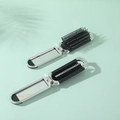 Portable folding hairbrush with mirror in black bristles and green case - Electroplated Silver (No Sticker)