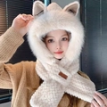 Cute cat-ear plush hood and scarf combo for women in a soft creamy white finish - Fox Fur Embossed 2-piece Set / Apricot