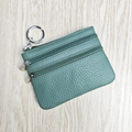 Green pebble leather coin purse with three zipper compartments and metal keychain - Matcha Green