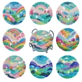8-piece round DIY diamond painting coaster set with nature designs and a black metal holder - Fantasy Landscape Illustration Style