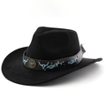Sombrero vaquero negro de gamuza con bordado de cabeza de toro turquesa y tachuelas - Negro