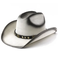 Zweifarbiger Western-Strohhut mit schwarzem Band und Bullenkopf-Emblem für Damen und Herren - M (56-58cm) / Weiß Schwarz Lackiert