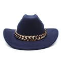 Detail of navy blue felt fedora with a decorative chunky gold metal chain band - M(56-58cm) / Navy Blue