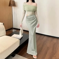 Elegant light green off-shoulder mesh top and silk-like maxi skirt two-piece dress set - S / Light Green