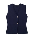 Dark blue V-neck knitted vest with fine ribbed texture and decorative gold buttons - XS / Navy Top