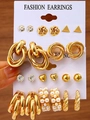 6-piece gold earring set with pearls, crystal studs, and geometric hoops on display card - Gold Woven Heart Artificial Pearl Large Set (5569001)