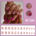 Elegant floral press-on nails with rose red petals, gold leaf accents and French tips - Rose Red Floral Dried Flower Design - Glue Style (W1385)