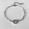 Silver stainless steel paperclip chain bracelet with a 10mm polished round ring charm - Polished Circle Pendant Long Link Chain (XBL0020-1) / Silver