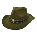 Sombrero de vaquero de fieltro de lana oliva con adorno de cabeza de toro metal - M(56-58cm) / Verde Militar