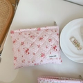 Pink floral quilted cotton makeup bag with simple wish label on beige tabletop - Pink Polka Dot Floral