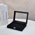 Black velvet jewelry storage box with a clear glass window for ring display - Ring Slots / Black