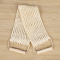 Exfoliating back scrubber strap in beige sisal fabric with wooden handles on wood background - Wooden Handle Sisal Back Scrubber (55*11CM)