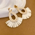 Bohemian fan-shaped woven tassel earrings with golden studs and natural white straw - 16# Steel Pin Gold White Fan Tassel